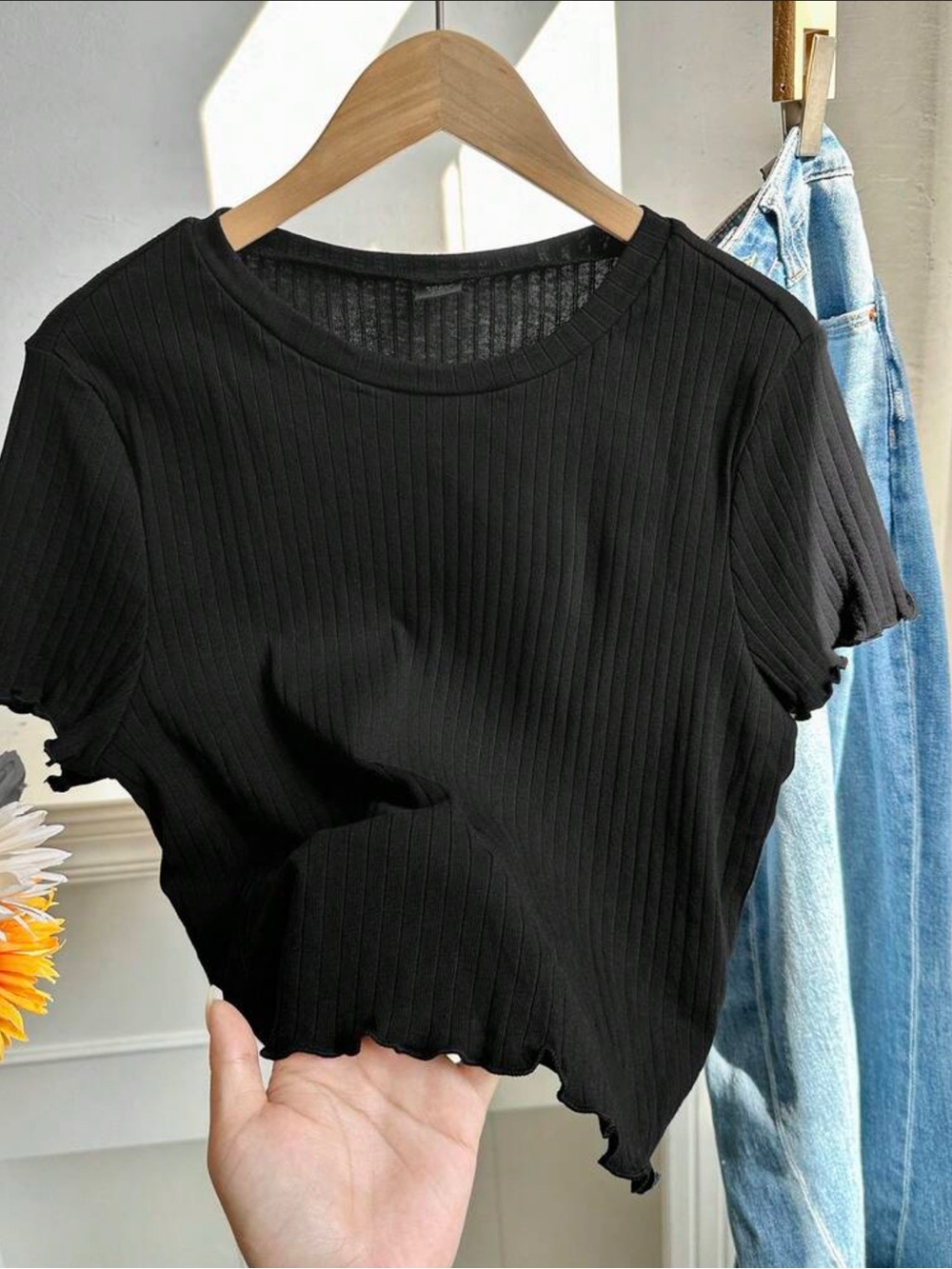 Black Ribbed Short Sleeve Crop Top -  Women
